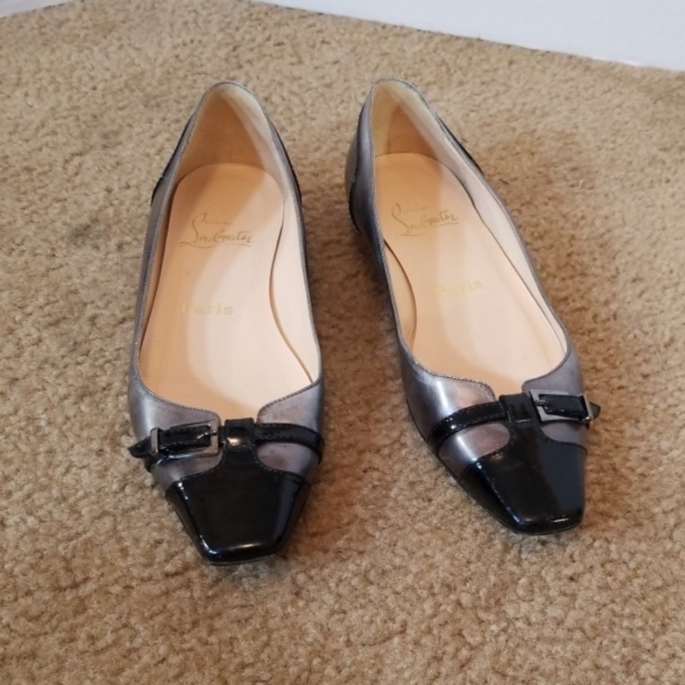 Christian Louboutin Metallic Silver and Black Patent Leather Flats